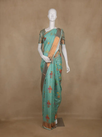 Aqua Blue Floral Designed Art Silk Saree Zari Border - Diadem