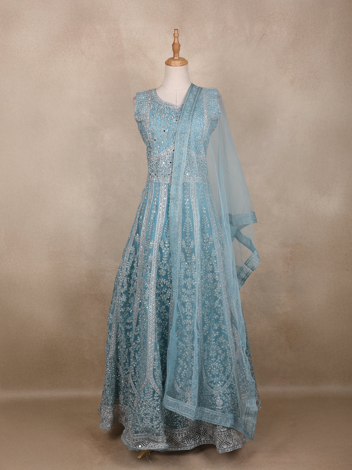 Aqua Blue Floral Embroidered Design Net Gown