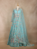 Aqua Blue Floral Embroidered Long Type Over Coat Net Lehenga - Diadem