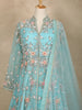 Aqua Blue Floral Embroidered Long Type Over Coat Net Lehenga - Diadem