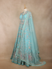 Aqua Blue Floral Embroidered Long Type Over Coat Net Lehenga - Diadem