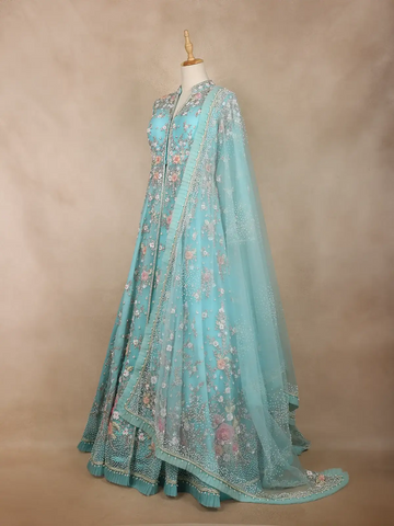 Aqua Blue Floral Embroidered Long Type Over Coat Net Lehenga - Diadem