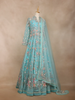 Aqua Blue Floral Embroidered Long Type Over Coat Net Lehenga - Diadem