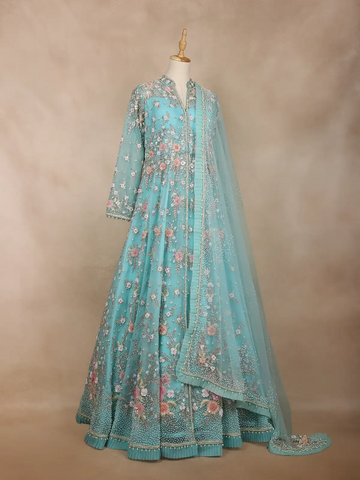 Aqua Blue Floral Embroidered Long Type Over Coat Net Lehenga - Diadem