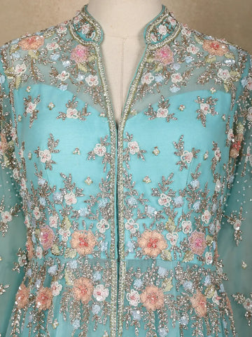 Aqua Blue Floral Embroidered Long Type Over Coat Net Lehenga - Diadem