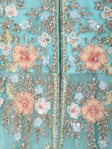 Aqua Blue Floral Embroidered Long Type Over Coat Net Lehenga - Diadem