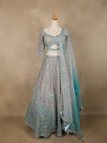 Aqua Blue Floral Embroidered Net Lehenga for Brides - Diadem