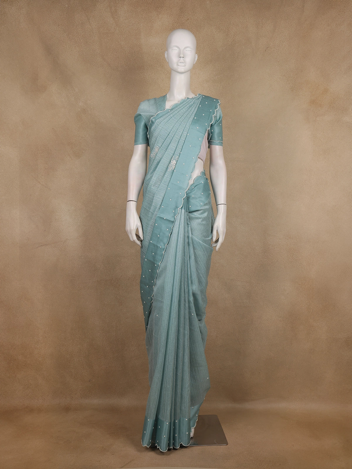Aqua Blue Floral Embroidered Raw Silk Saree