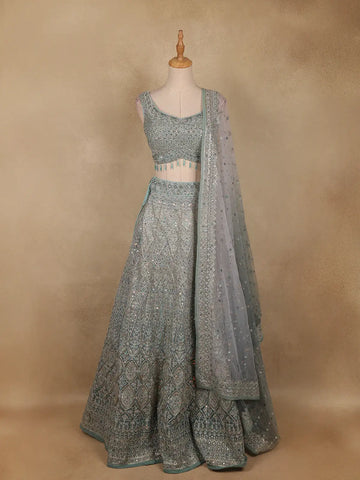 Aqua Blue Floral Embroidered Sequins And Beads Work Net Lehenga Set - Diadem