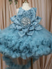 Aqua Blue Floral Layered Design Net Ruffle Frock
