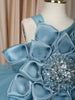 Aqua Blue Floral Layered Design Net Ruffle Frock