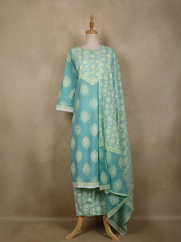Aqua Blue Floral Printed Cotton Salwar Suit With Dupatta - Diadem