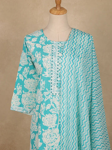 Aqua Blue Floral Printed Cotton Salwar Suit with Dupatta - Diadem