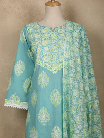 Aqua Blue Floral Printed Cotton Salwar Suit With Dupatta - Diadem