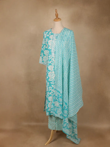 Aqua Blue Floral Printed Cotton Salwar Suit with Dupatta - Diadem