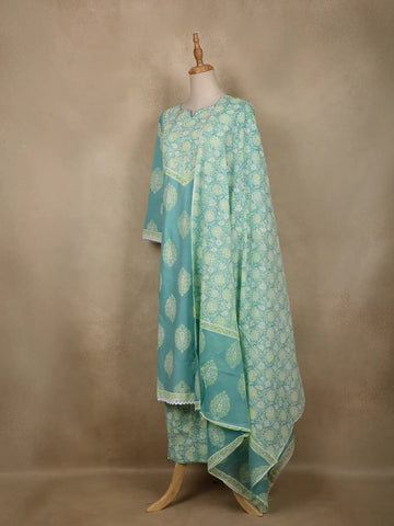 Aqua Blue Floral Printed Cotton Salwar Suit With Dupatta - Diadem