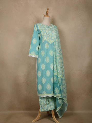 Aqua Blue Floral Printed Cotton Salwar Suit With Dupatta - Diadem