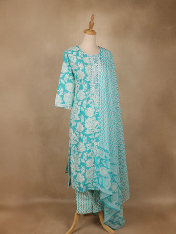 Aqua Blue Floral Printed Cotton Salwar Suit with Dupatta - Diadem