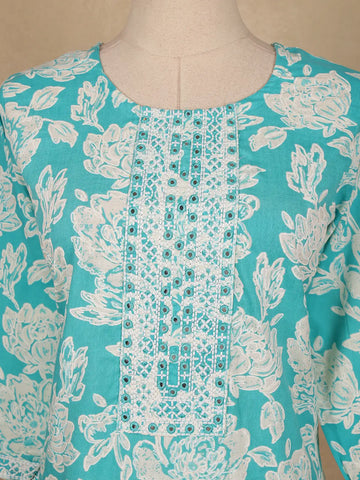 Aqua Blue Floral Printed Cotton Salwar Suit with Dupatta - Diadem