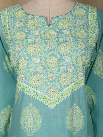 Aqua Blue Floral Printed Cotton Salwar Suit With Dupatta - Diadem