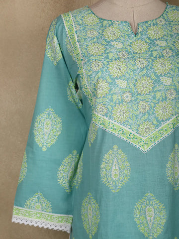 Aqua Blue Floral Printed Cotton Salwar Suit With Dupatta - Diadem