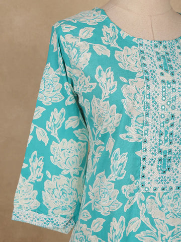 Aqua Blue Floral Printed Cotton Salwar Suit with Dupatta - Diadem