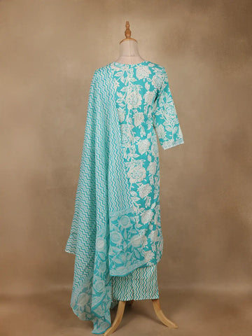 Aqua Blue Floral Printed Cotton Salwar Suit with Dupatta - Diadem