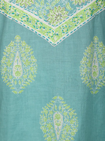 Aqua Blue Floral Printed Cotton Salwar Suit With Dupatta - Diadem