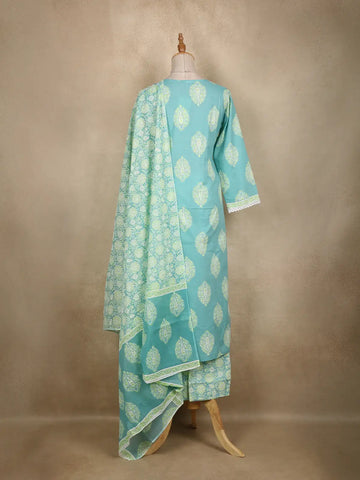 Aqua Blue Floral Printed Cotton Salwar Suit With Dupatta - Diadem