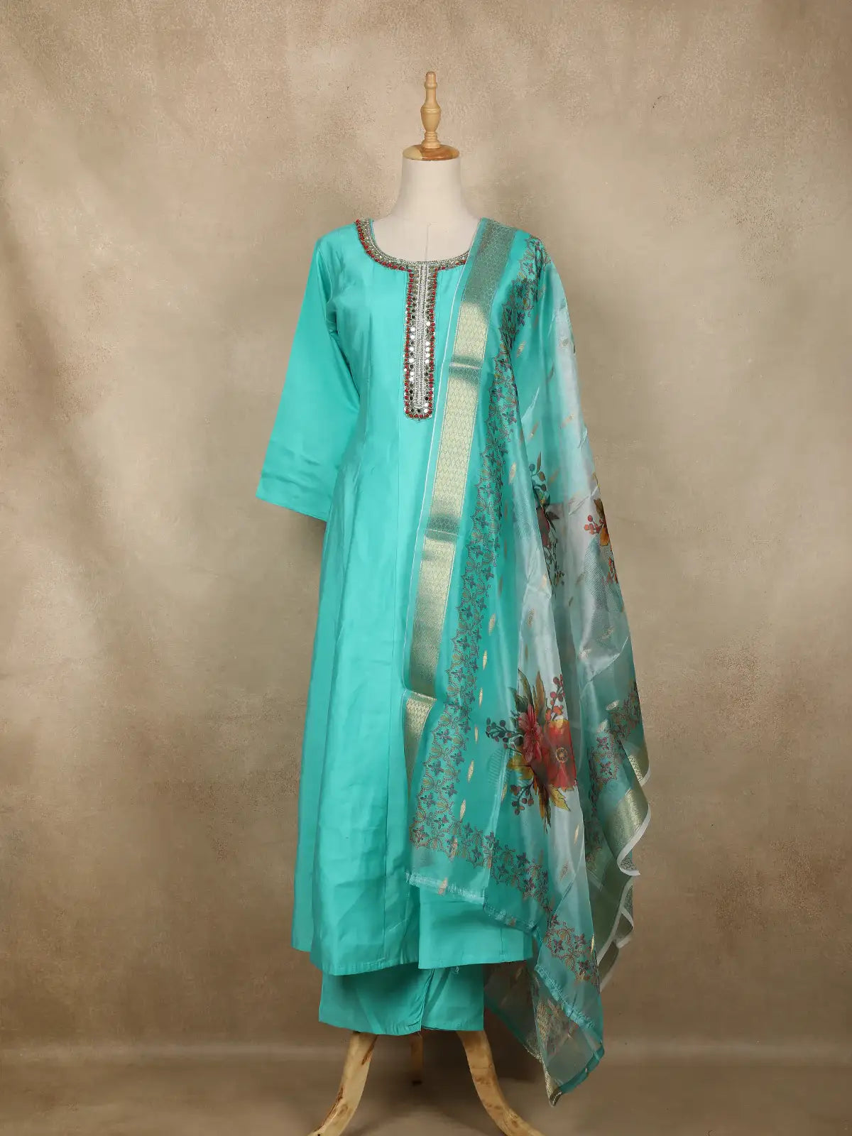 Aqua Blue Solid Design Semi Silk Anarkali Salwar Suit - Diadem