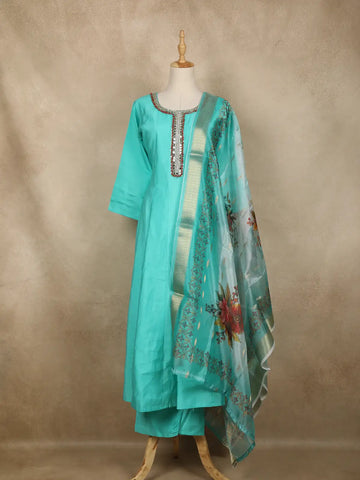 Aqua Blue Solid Design Semi Silk Anarkali Salwar Suit - Diadem