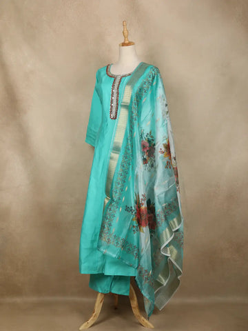 Aqua Blue Solid Design Semi Silk Anarkali Salwar Suit - Diadem