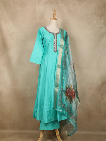Aqua Blue Solid Design Semi Silk Anarkali Salwar Suit - Diadem