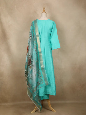 Aqua Blue Solid Design Semi Silk Anarkali Salwar Suit - Diadem