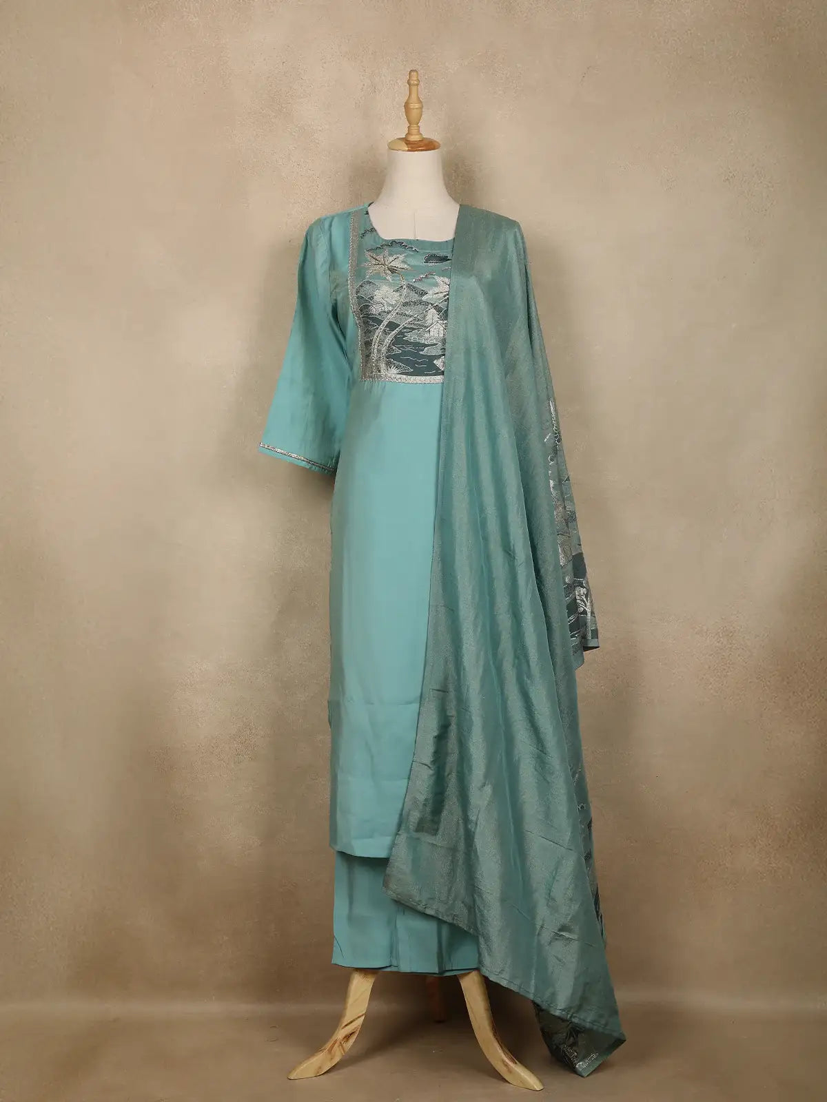 Aqua Blue Solid Designed Georgette Salwar Suit - Diadem