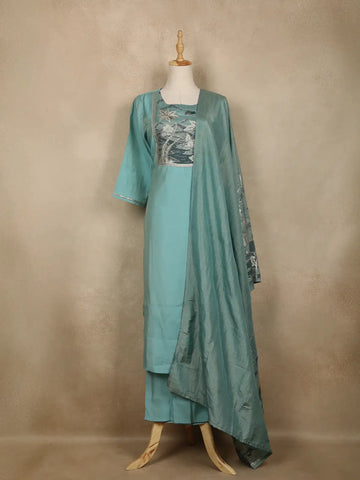 Aqua Blue Solid Designed Georgette Salwar Suit - Diadem