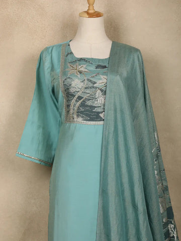 Aqua Blue Solid Designed Georgette Salwar Suit - Diadem