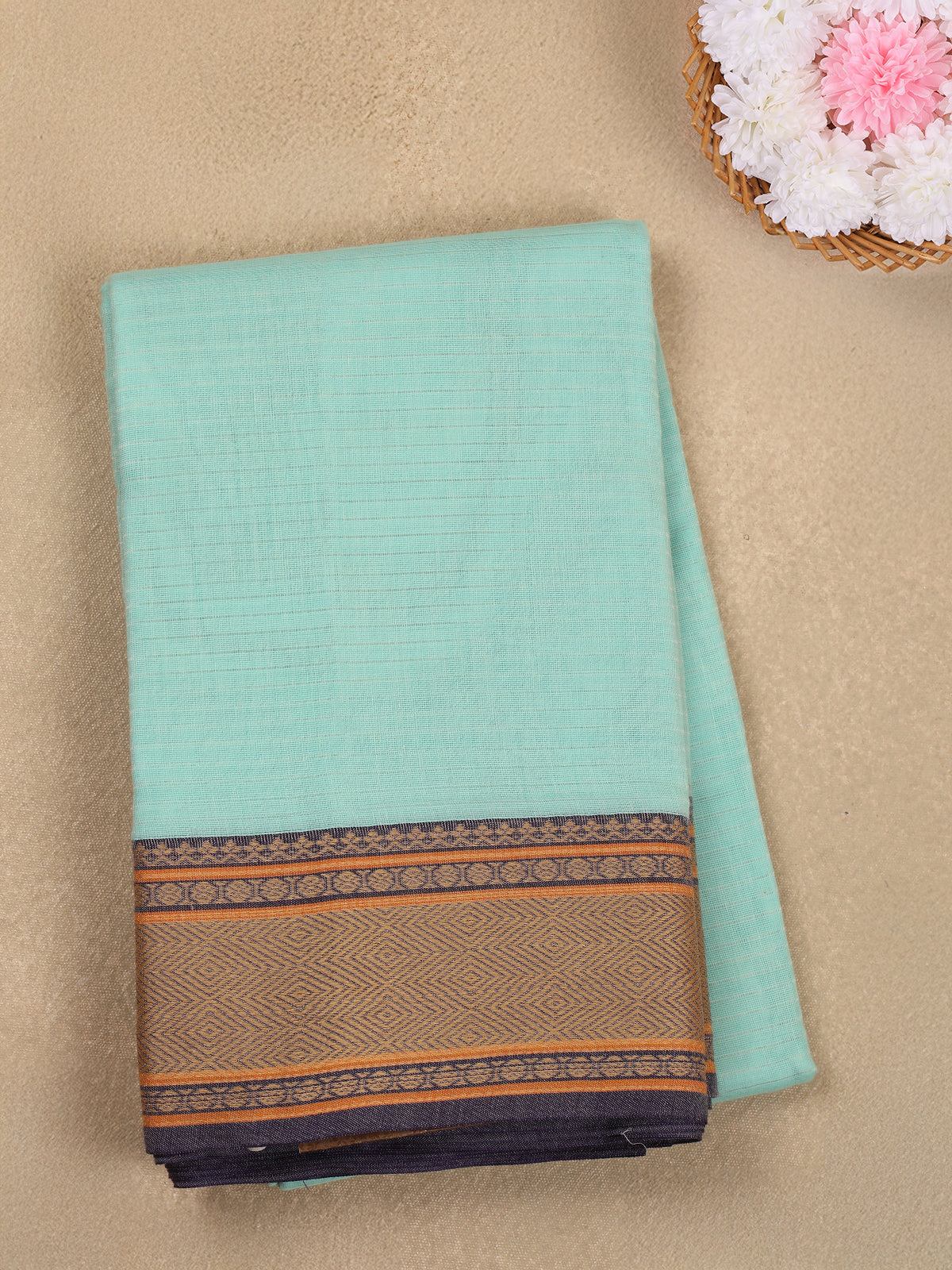 Aqua Blue Striped Woven Design Cotton Saree with Contrast Border