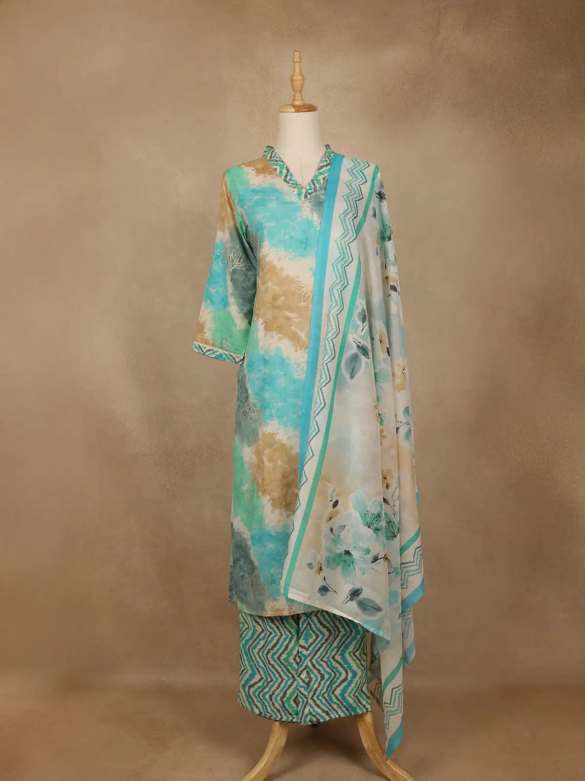 Aqua Blue Tie-Dye Printed Cotton Salwar Suit With Dupatta - Diadem