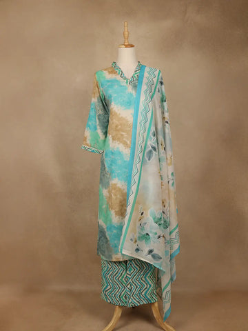 Aqua Blue Tie-Dye Printed Cotton Salwar Suit With Dupatta - Diadem