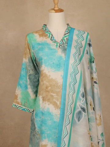 Aqua Blue Tie-Dye Printed Cotton Salwar Suit With Dupatta - Diadem
