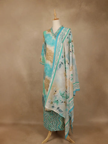 Aqua Blue Tie-Dye Printed Cotton Salwar Suit With Dupatta - Diadem