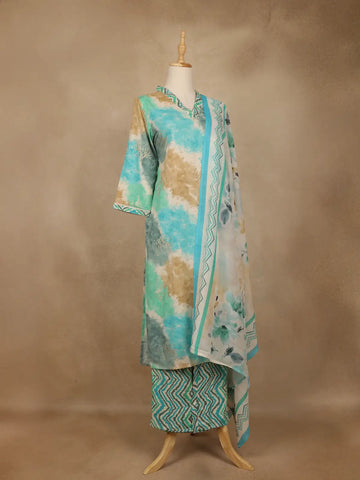 Aqua Blue Tie-Dye Printed Cotton Salwar Suit With Dupatta - Diadem