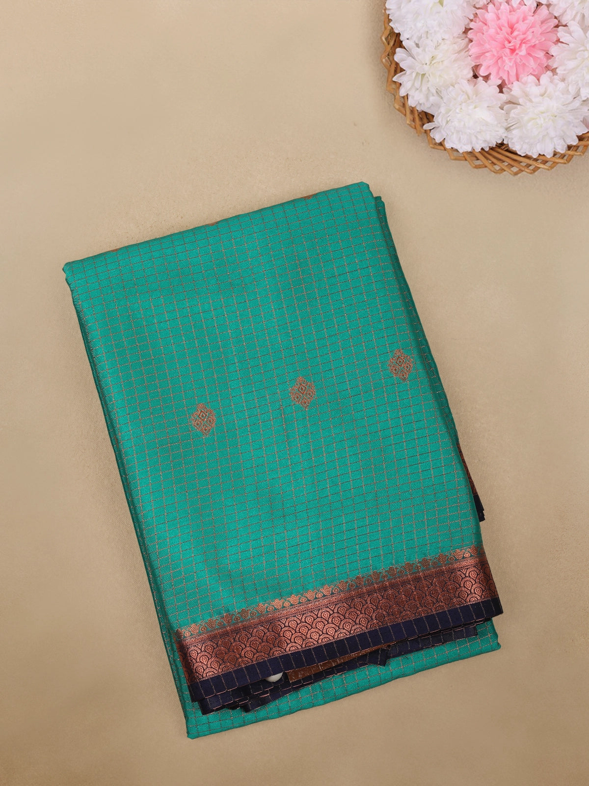 Aqua Green Checks Woven Mysore Silk Saree With Contrast Border