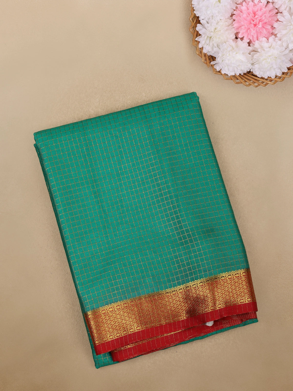 Aqua Green Checks Woven Mysore Silk Saree With Contrast Red Border