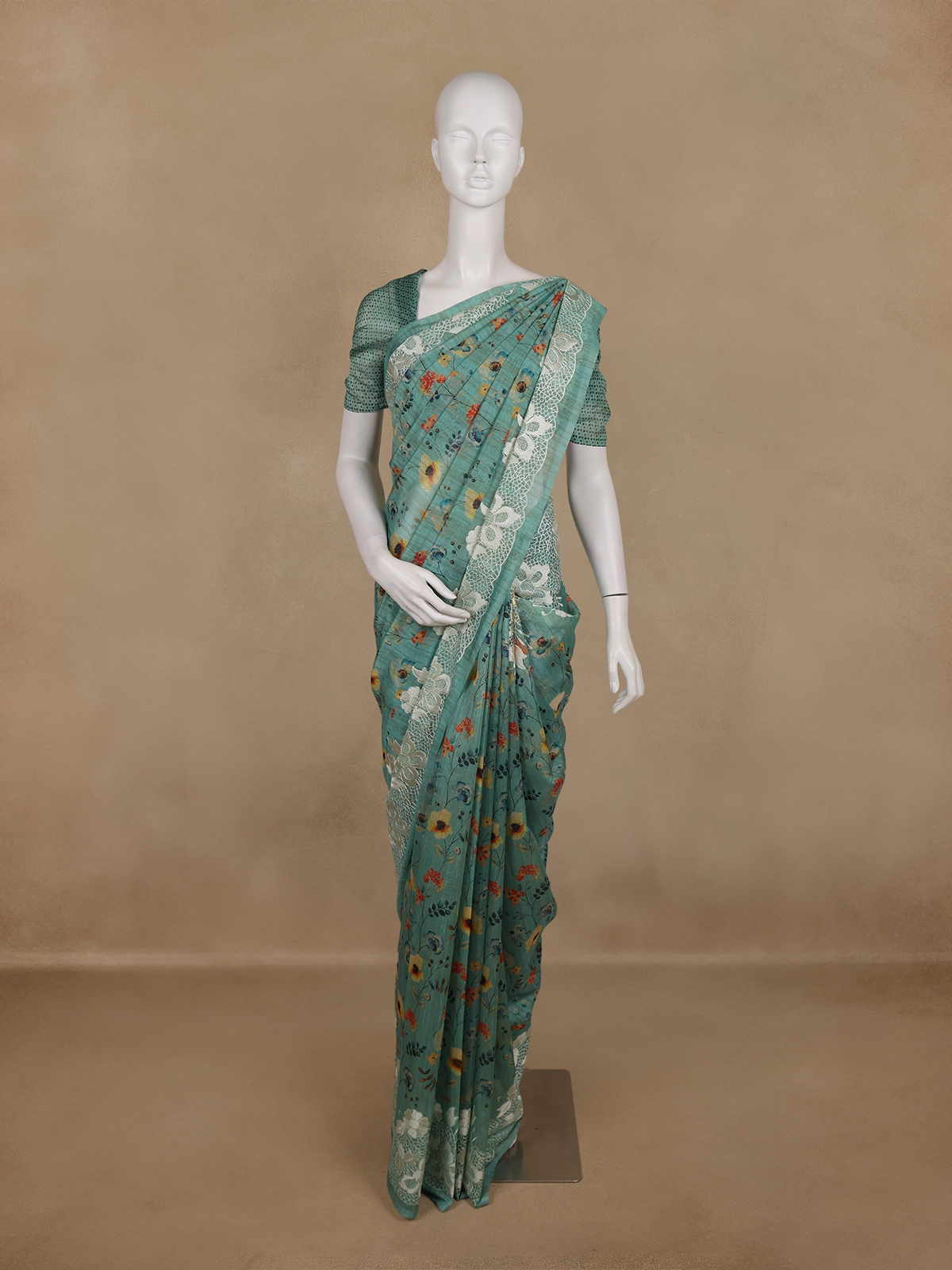 Aqua Green Floral Design Semi Tussar Saree