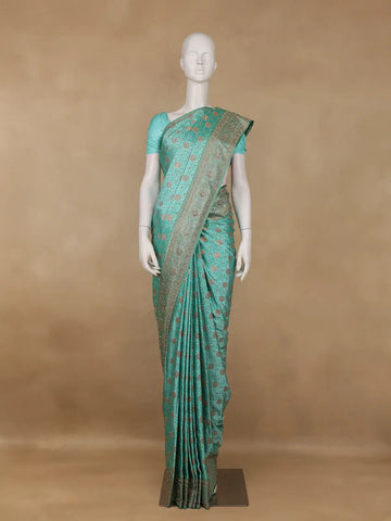 Aqua Green Floral Woven Banarasi Silk Saree - Diadem