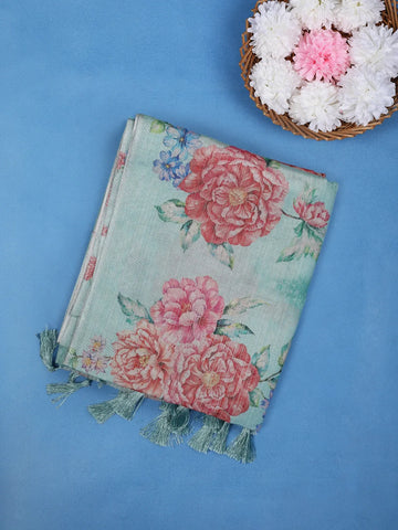 Aqua Mint Green Floral Digital Print Cotton Saree - Diadem