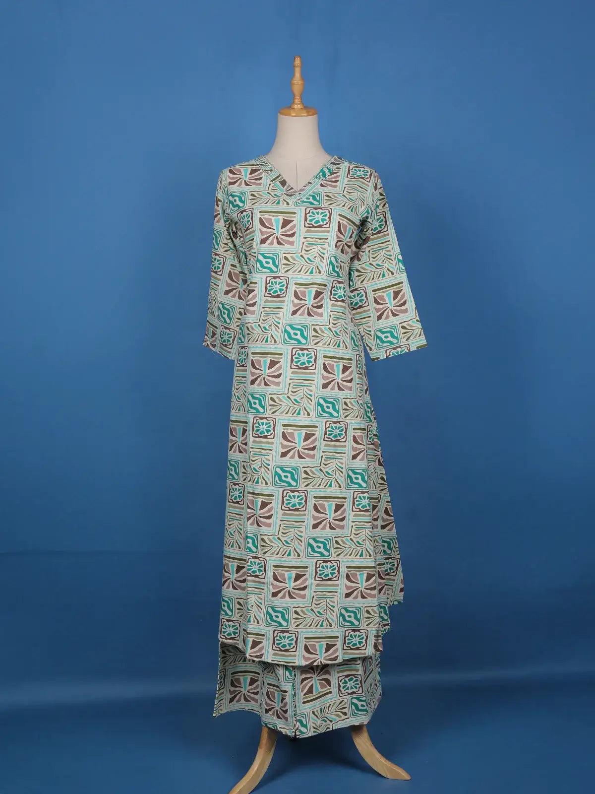 Aqua Blue Abstract Printed Cotton Salwar Suit - Diadem