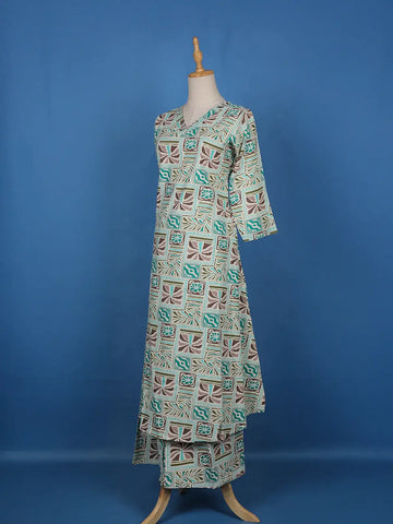 Aqua Blue Abstract Printed Cotton Salwar Suit - Diadem